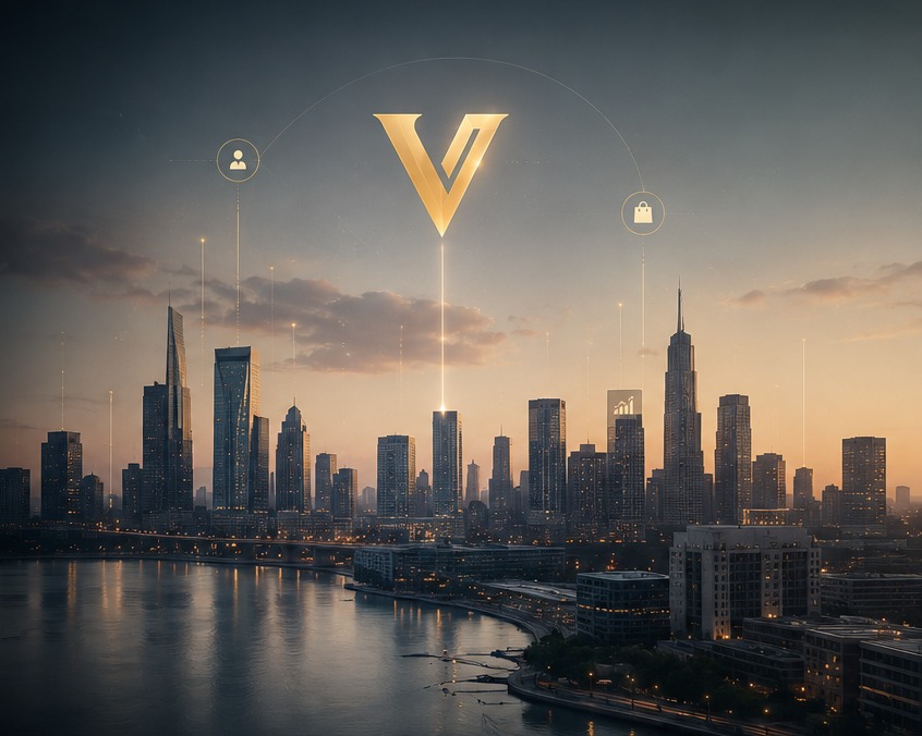 The Viralville City of Visibility skyline at golden hour