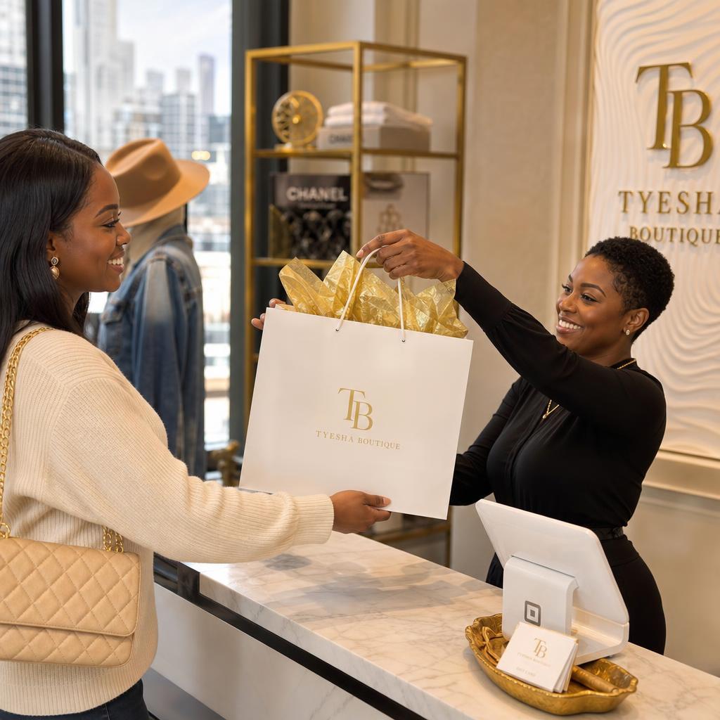 Hands exchanging a shopping bag at checkout
