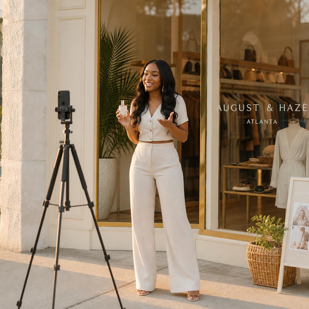 Creator capturing content at a boutique storefront