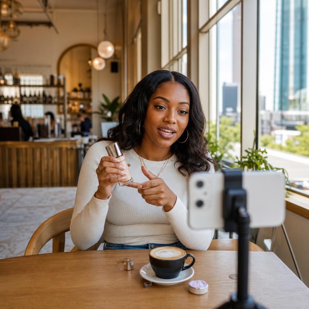 Content creator filming a product on smartphone